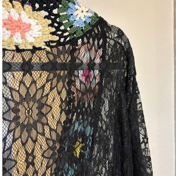 ASHA Womens Black Crochet Lace Fringe Boho Duster Kimono Festival Coverup NWOT - Picture 4 of 6